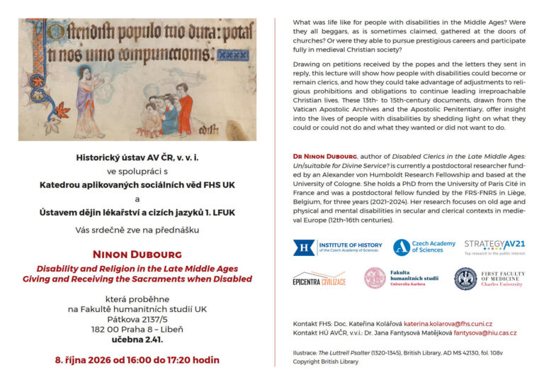 Přednáška Disability and Religion in the Late Middle Ages – Giving and receiving the sacraments when disabled